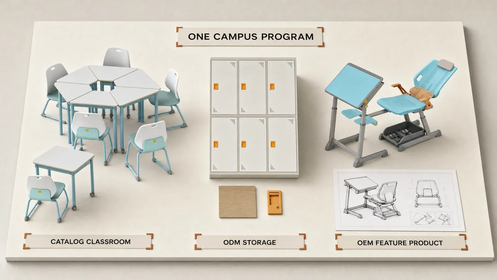 Programme de mobilier scolaire attribuant les voies catalogue, ODM et OEM à différents groupes de produits