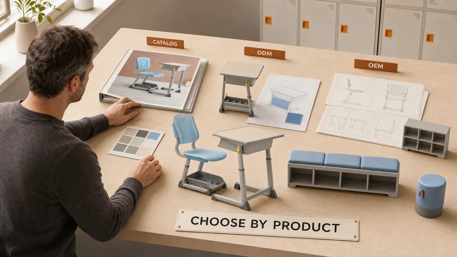 Spécialiste de projet comparant des dossiers de départ catalogue, ODM et OEM à côté de modèles de mobilier scolaire