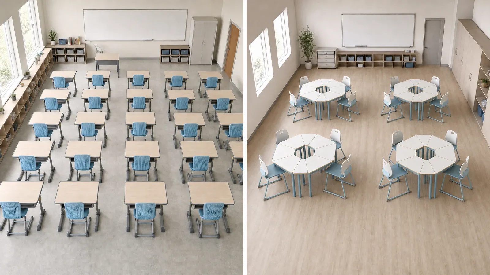 Vergleich aus der Vogelperspektive zwischen einem vollständig mit Einzeltischen ausgestatteten Klassenzimmer und einem vollständigen Klassenzimmer mit vier Kombinationstisch-Gruppen