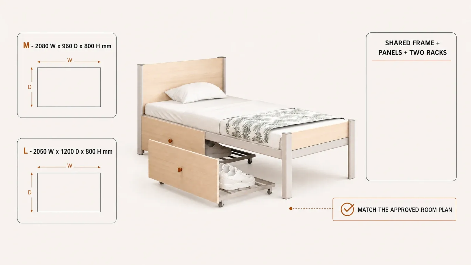 M and L overall size options for the same single student dormitory bed configuration