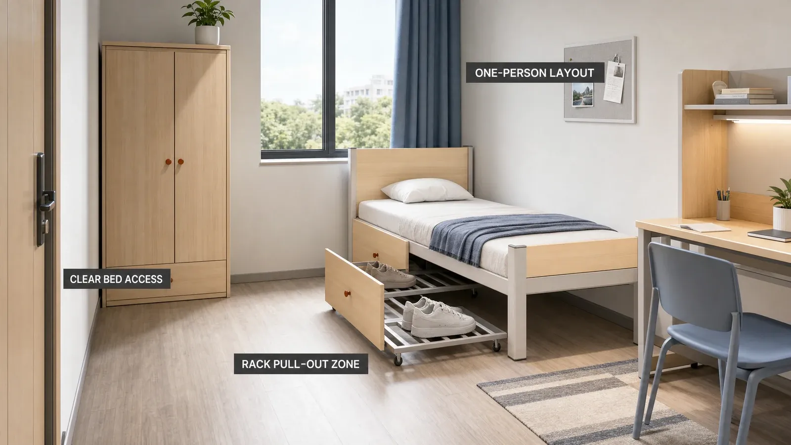 Single student dormitory bed planned in a one-person room with study furniture and rack clearance