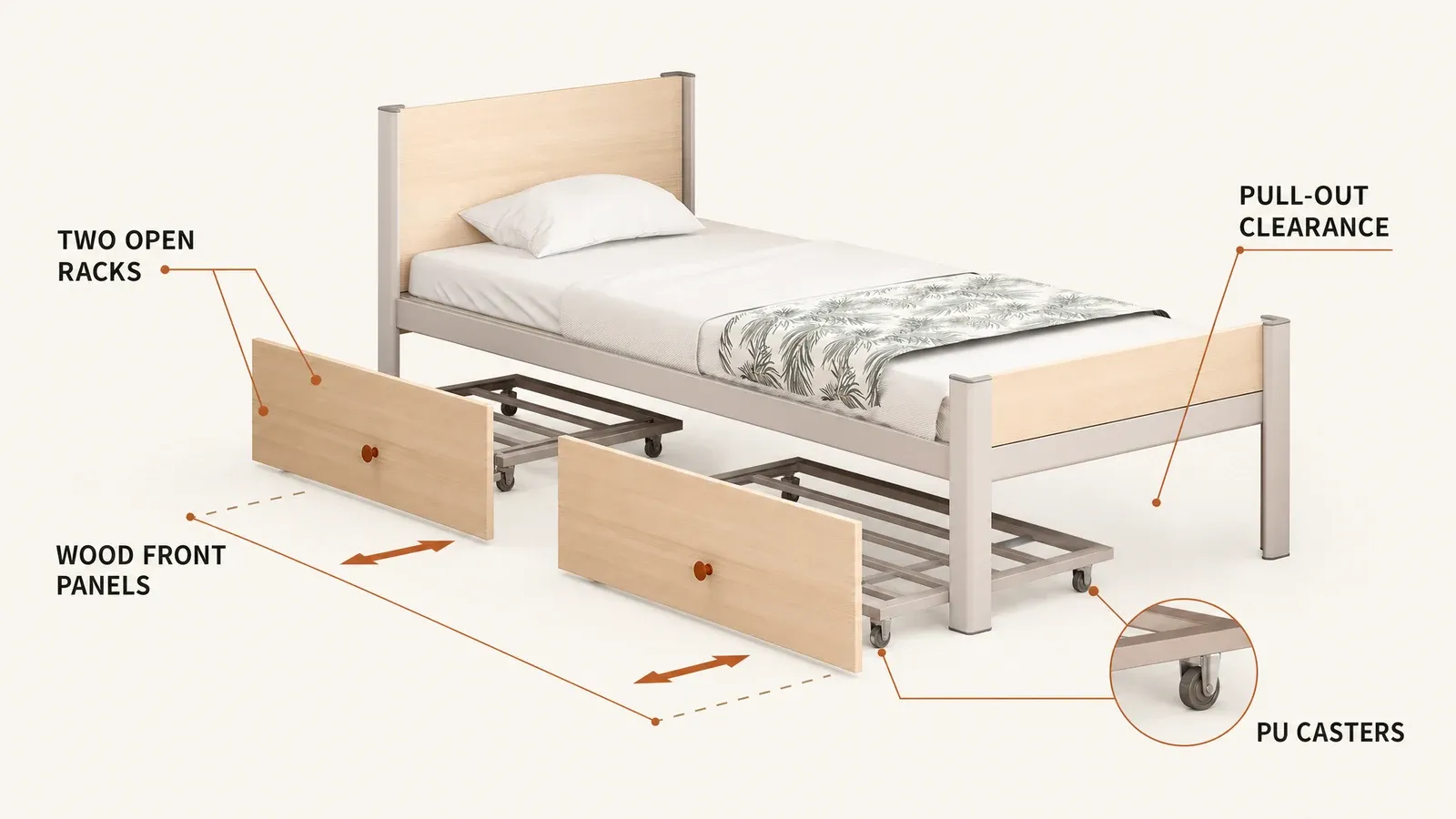 Two open pull-out metal racks with wood fronts and PU casters beneath a single dormitory bed