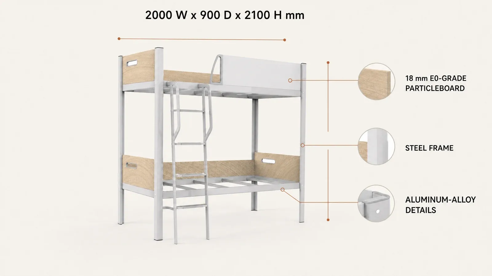SW-002 dormitory bunk bed overall dimensions and approved steel wood material references