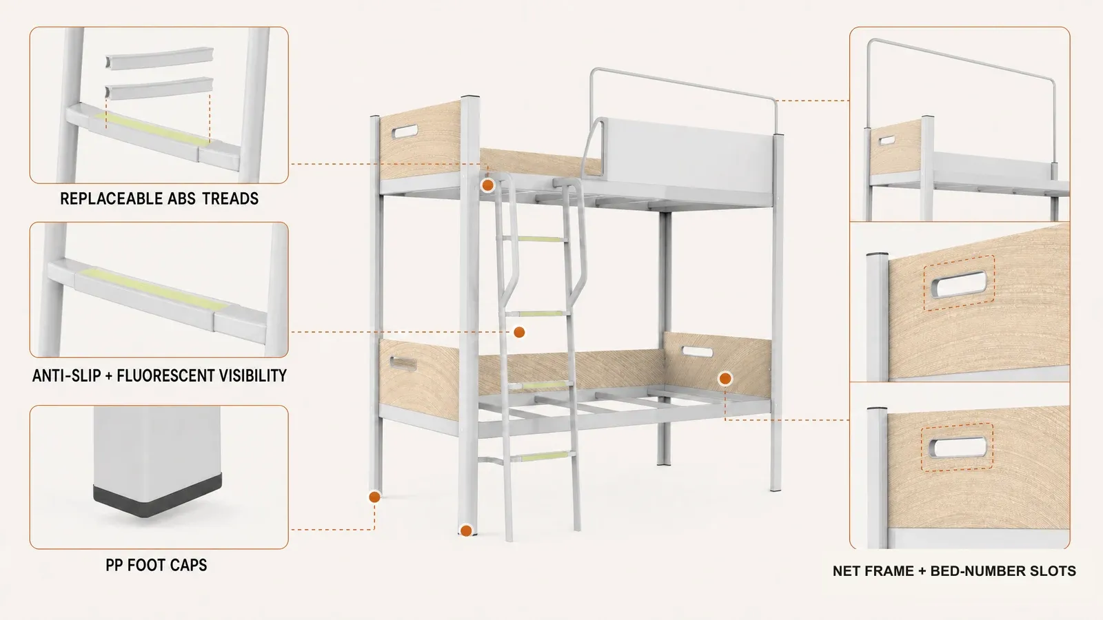 SW-002 replaceable ladder treads PP foot caps mosquito-net frame and bed-number slot details