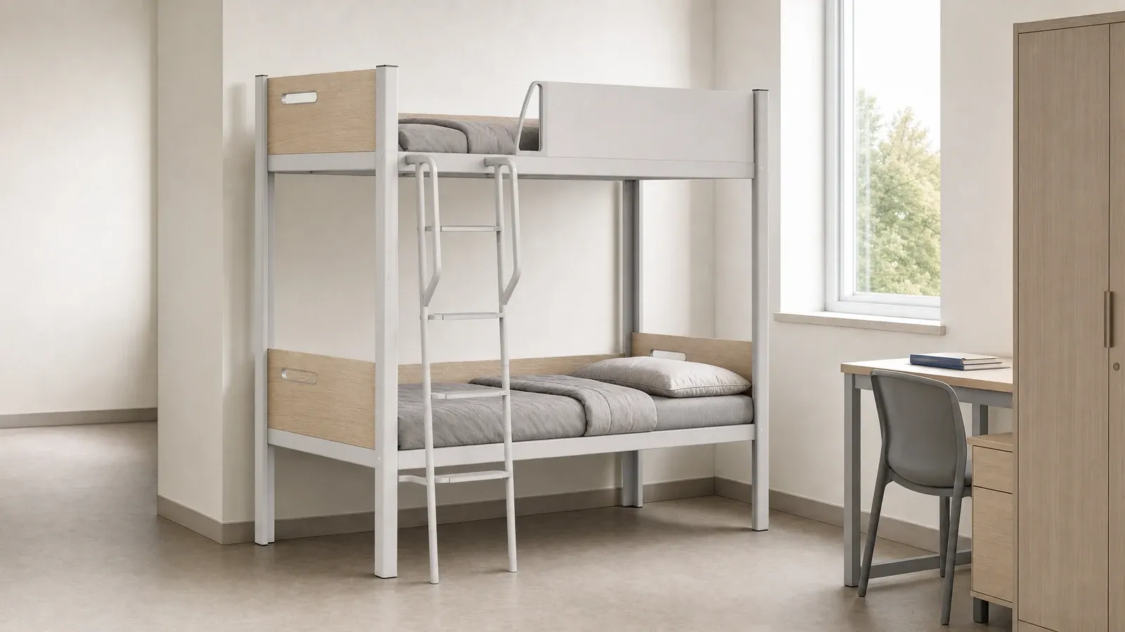 SW-002 two-person school dormitory bunk bed planned with ladder access and room circulation