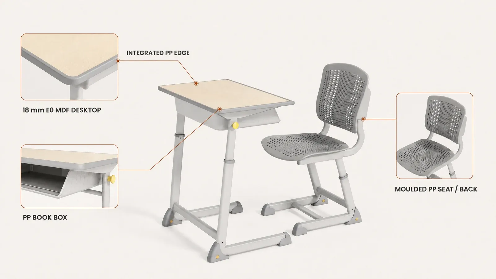 SY-302 Materialdetails mit der 18 mm E0 MDF-Tischplatte, PP-Kante, PP-Bücherbox sowie PP-Sitz und -Rückenlehne
