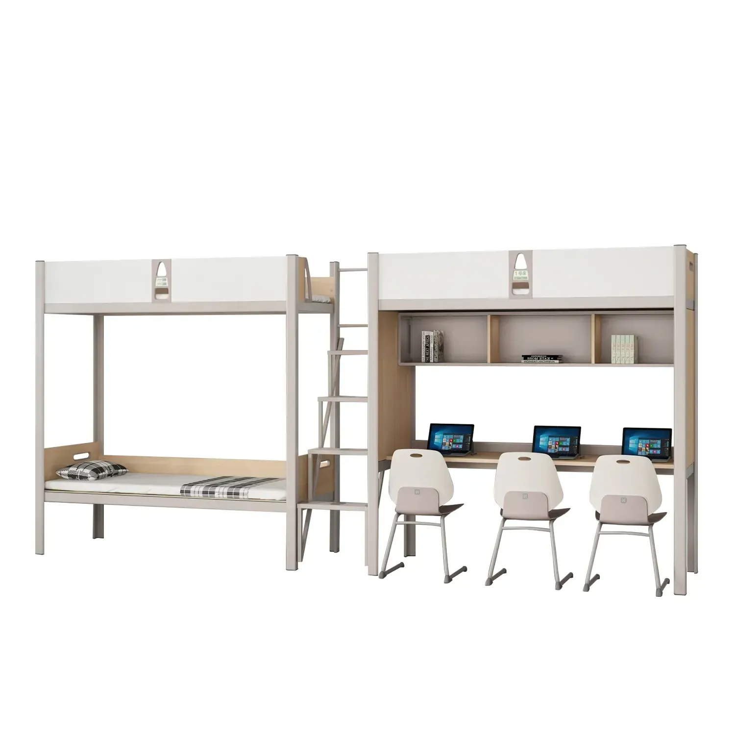 Three-seater dormitory bed – Bunk bed with ladder and desk SW-006 school furniture product Three-seater dormitory bed – Bunk bed with ladder and desk SW-006 school furniture product